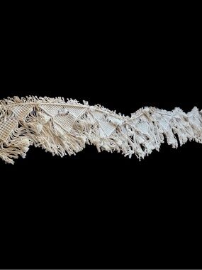 9’ plus vintage ivory cotton crocheted lace garland with tassel fringe.